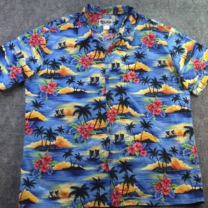Vintage Howie Hawaiian Shirt 3XL Blue Floral Palm Trees Short Sleeve Cotton Camp